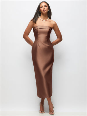 Mauve strapless satin midi dress with cuffed neckline and column skirt