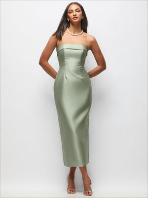 Satin midi dress in muted sage green with strapless neckline and fitted column silhouette