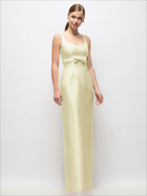 Scoop-neck satin column maxi dress with bow at empire waist, pale yellow.