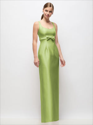 Sage green satin column maxi dress with scoop neck and empire waist bow