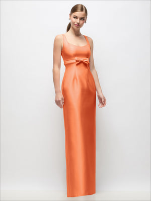 Satin column maxi dress with scoop neck and empire-waist bow, sleeveless, coral orange