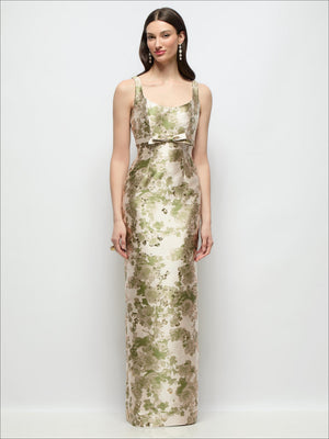 Sleeveless scoop-neck maxi dress, light green/cream floral jacquard, empire bow detail