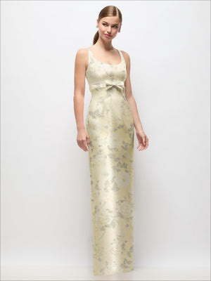 Floral satin maxi dress with scoop neck, sleeveless column silhouette and waist bow, cream
