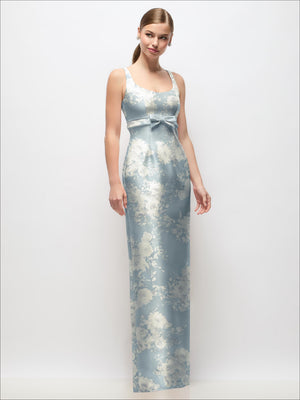 Scoop neck floral satin column maxi dress in light blue with bow at empire waist