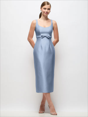 Periwinkle blue satin column midi dress with scoop neckline and empire-waist bow, sleeveless