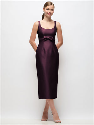 Satin column midi dress with scoop neck and bow detail at empire waist, plum