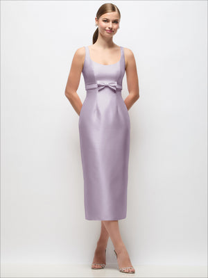 Lilac scoop-neck satin column midi dress with bow at empire waist, sleeveless