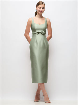 Mint green satin column midi dress with scoop neck and bow at empire waist, sleeveless