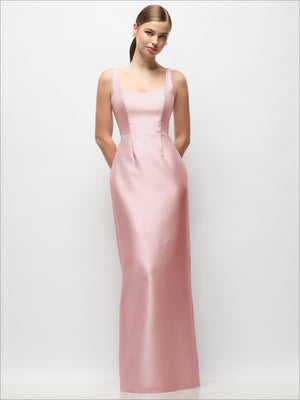 Blush satin column maxi dress with scoop neckline, fitted bodice, and subtle seams