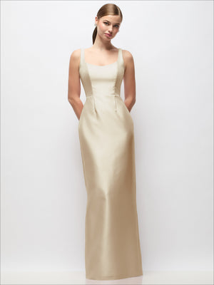 Cream satin maxi dress with scoop neck, sleeveless fitted column silhouette