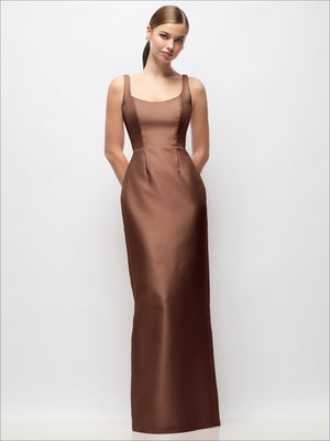Chocolate-brown satin maxi dress with scoop neck, sleeveless fitted column