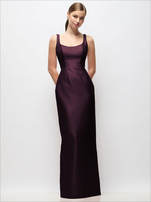 Satin column maxi dress with scoop neckline, deep burgundy, sleeveless front view