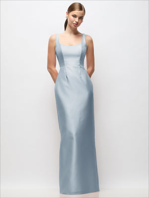 Light blue satin column maxi dress with scoop neckline and straight, sleeveless fit