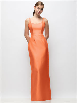 Coral orange scoop-neck satin column maxi dress with sleeveless bodice
