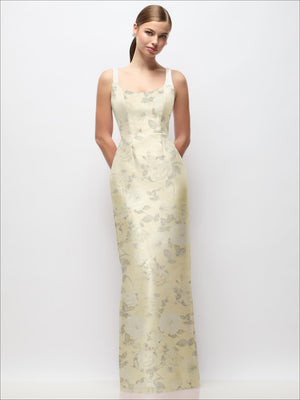 Floral satin column maxi dress, scoop neck, sleeveless, pale yellow with vine print
