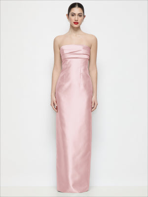 Pale pink strapless satin column maxi dress with pleated empire waist