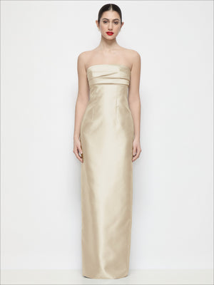 Strapless satin column maxi dress in champagne, pleated empire bodice, floor-length