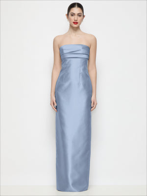 Light blue strapless satin column maxi dress, front view with pleated bust detailing