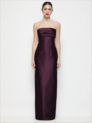 Burgundy strapless satin column maxi dress with pleated empire waist and front shaping