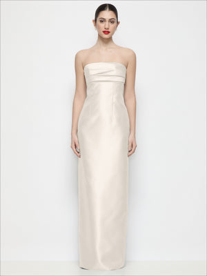 Ivory strapless satin column maxi dress with pleated empire bodice and straight skirt