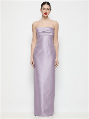 Lilac strapless satin column maxi dress with pleated bodice and empire seam