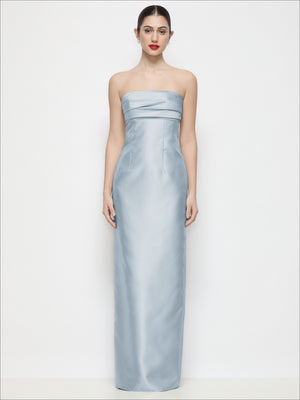 Light blue strapless satin column maxi dress with pleated bust and empire waist seam
