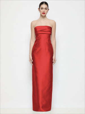 Red strapless satin column maxi dress with pleated bust and fitted empire waist