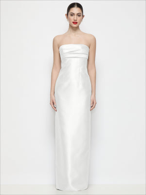 White strapless satin column maxi dress with bandeau neckline, front view