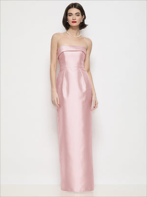 Blush pink strapless satin maxi dress with high cuff neck detail and column fit.