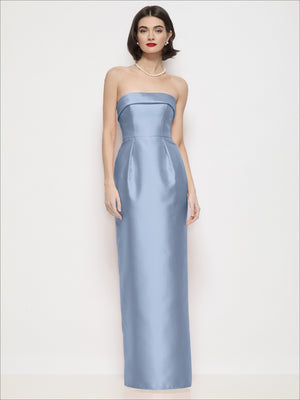 Light blue strapless satin column maxi dress with straight neckline detail