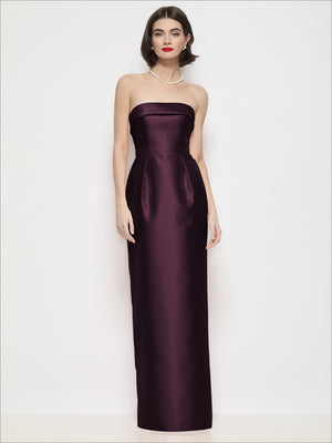 Burgundy satin strapless cuff-neck maxi dress with column skirt and smooth fitted fit
