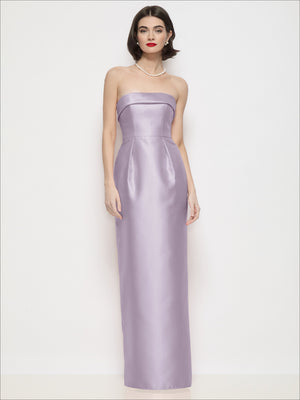 Lavender strapless satin maxi dress with cuff neckline and column skirt.