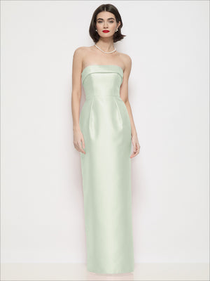 Mint green strapless satin column maxi dress with wide cuff neckline