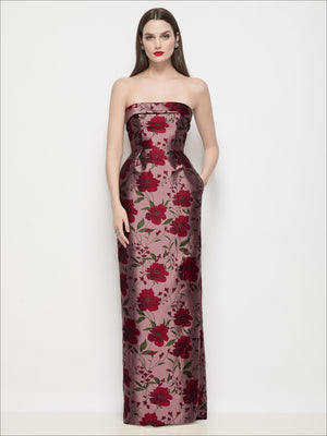 Strapless floral maxi dress with column skirt, burgundy and blush rose print