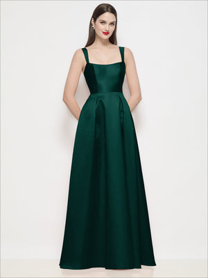 Emerald satin maxi dress with square neckline and pleated skirt