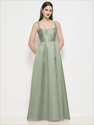 Sage satin maxi dress with shaped basque bodice, spaghetti straps, pleated skirt