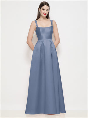 Dusty blue satin maxi dress with shaped straps, square neckline, and pleated skirt