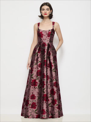 Floral brocade maxi dress with shaped basque bodice, wide straps, pleated skirt