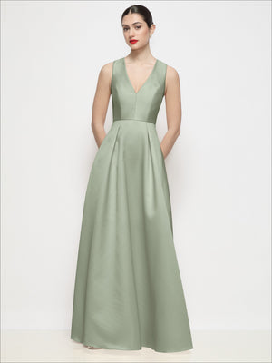 Sage satin V-neck sleeveless maxi dress with pleated skirt and fitted waist