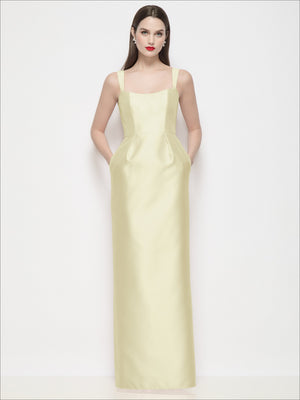 Light yellow satin maxi dress with thin straps, square neckline, shaped waist, column skirt