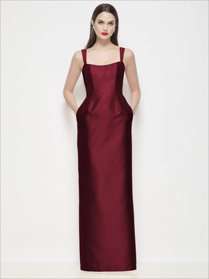 Burgundy satin maxi dress with square neckline, shaped waist and thin straps