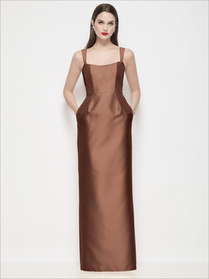 Cognac brown satin maxi dress with shaped bodice, thin straps, square neckline, column skirt