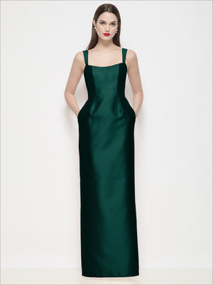 Deep green satin maxi dress with thin straps, square neckline, shaped bodice, column skirt