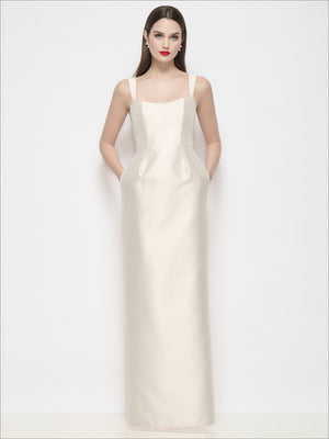 Ivory satin maxi dress with shaped bodice, thin straps, square neckline, column skirt