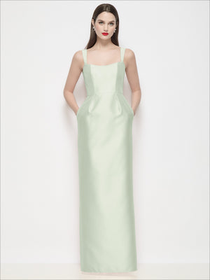 Light mint green satin maxi dress with spaghetti straps and shaped basque waist seam