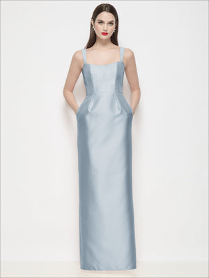 Powder blue satin maxi dress with spaghetti straps and square neckline, fitted column skirt
