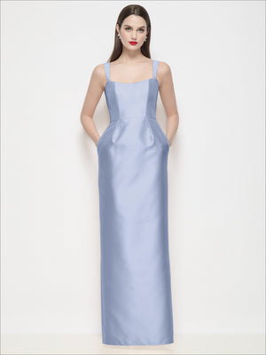 Powder blue satin maxi dress with spaghetti straps and square neckline, column skirt