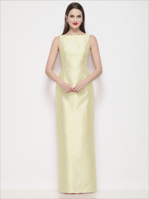 Light yellow satin maxi dress with bateau neckline and fitted column silhouette