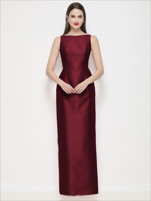 Satin maxi dress with bateau neckline, sleeveless bodice, pleated column skirt in deep burgundy