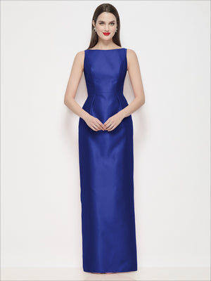 Blue satin maxi dress with bateau neckline and fitted column skirt